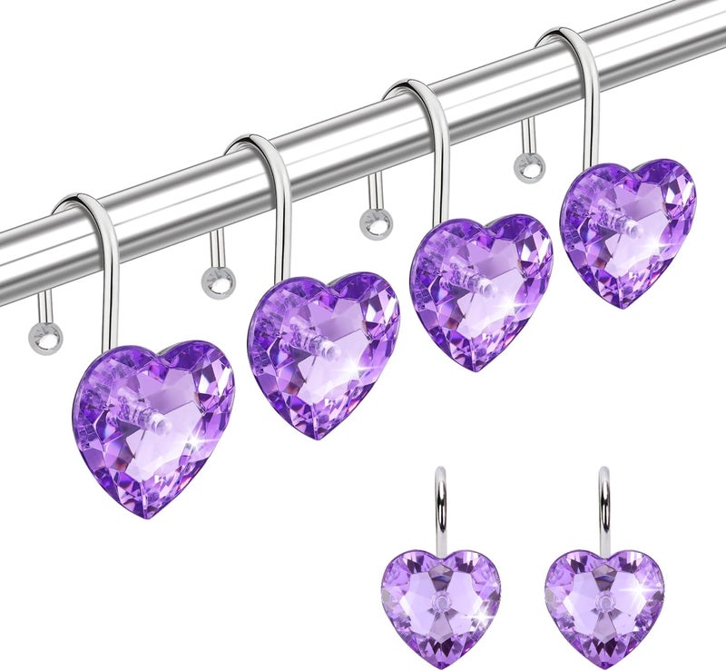 Yapicoco Shower Curtain Hooks Rings for Bathroom, 12PCS Heart Stainless Steel Rust Resistant Decorative Rhinestones Shower Curtain Rings Hangers for Shower Curtains (Single Hook Purple) - Image 1
